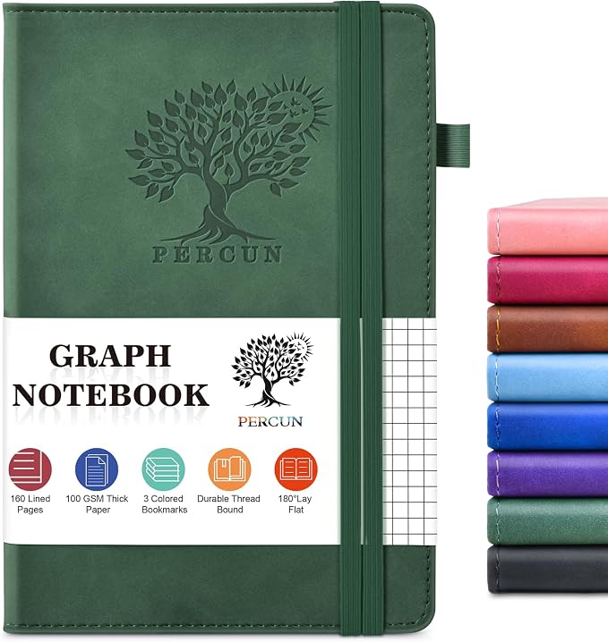 PERCUN A5 Hardcover Graph Paper Notebook, 5.9”x8.5” Leather Journal for Women & Men, 160 Pages Grid Paper Composition Notebook for Work, School, Math, Quad Ruled Writing Journals,Graphing (Green)