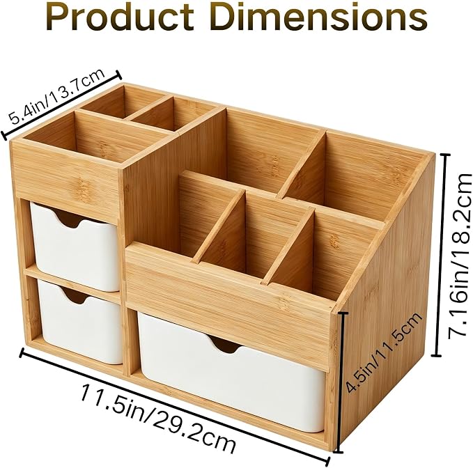 Bamboo Makeup Organizer with 3 Drawers & Adjustable Dividers, Desk Cosmetic Storage Box, Vanity Countertop Organizer for Bathroom, Office, Bedroom, Natural Bamboo Color (11.5x5.4in)