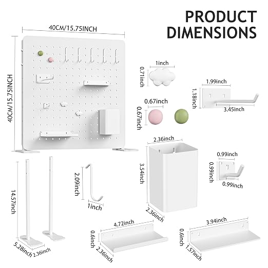 White Metal Desk Pegboard Organizer, 15.75 in with Hooks and Shelves | White metal desktop pegboard with support feet, hooks, shelves, storage cup and magnets for office, bedroom and craft storage