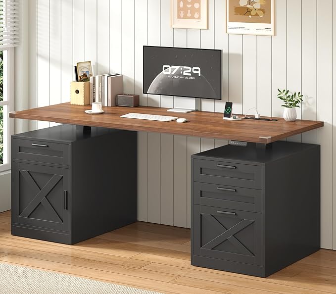 YOMILUVE 60" Farmhouse Electric Standing Desk with Drawers for Home Office | Height Adjustable Computer Desk with 4 Drawers & Storage Shelves, Wood Sit Stand Desk with Power Outlets for Work, Study