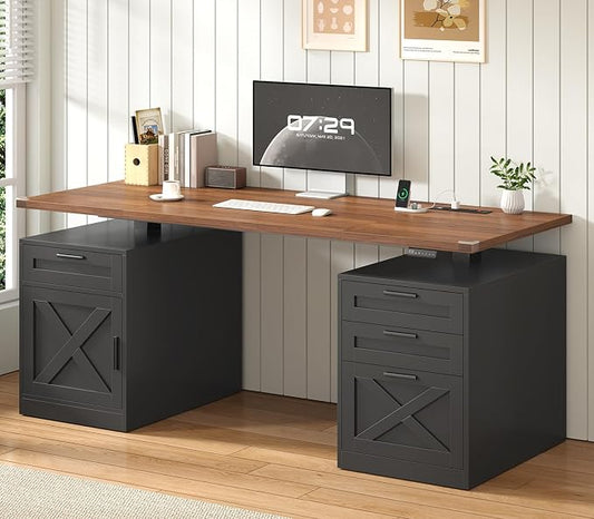 YOMILUVE 60" Farmhouse Electric Standing Desk with Drawers for Home Office | Height Adjustable Computer Desk with 4 Drawers & Storage Shelves, Wood Sit Stand Desk with Power Outlets for Work, Study