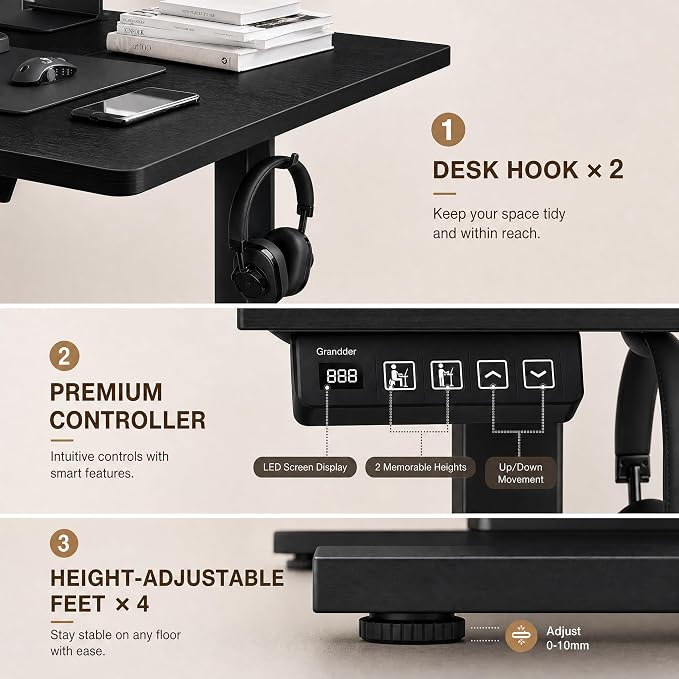 Grandder 47x32 Large Electric Standing Desk, Height Adjustable Computer Desk with 2 Memory Presets, 31.5" Deep Desktop Sit Stand Desk Home Office Desk Workstation Table with Hooks, Black