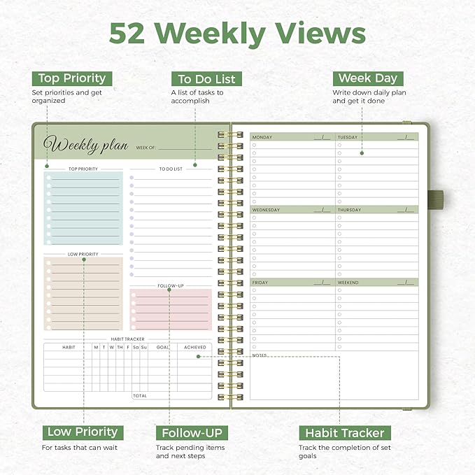 Oucaru Undated Weekly Planner, A5 To Do List Notebook with Goal & Habit Tracker Organizer, 52 Weekly Planner Notebook with Spiral Binding for Office Home School Supplies