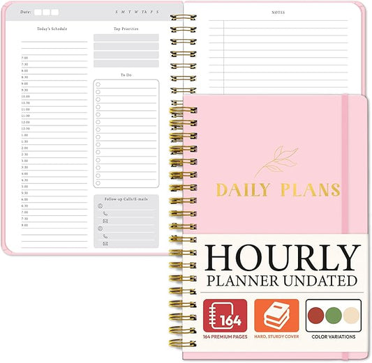 Undated Daily Planner with Hourly Schedule – Minimalist Notebook for Work, Home & Daily Writing | Simple Matte Notes for Goals, Appointments & Productivity, Elegant Cardstock Pages, Pink