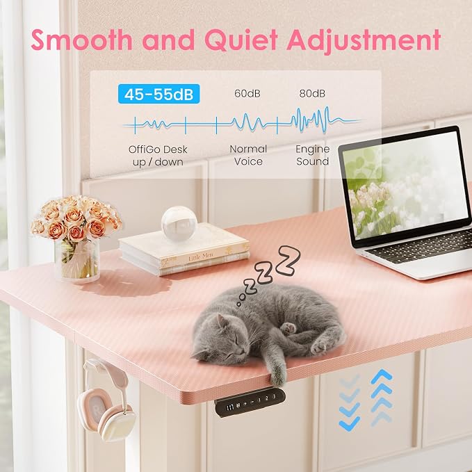 OffiGo 48" Pink Electric Standing Desk Height Adjustable for Home Office | 3 Memory Presets, Rear Cable Notch, Dual Side Hooks, Stand Up Desk for Bedroom, Study room, Home Office and Vanity Space