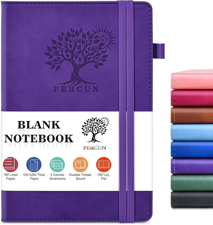PERCUN Blank Journal Ntebook for Men & Women, 160 Pages Leather Journals for Writing, Drawing Sketch Book,5.9" x 8.5" Hardcover Sketchbook, Unlined Notebooks for Work, School, Art (Purple)