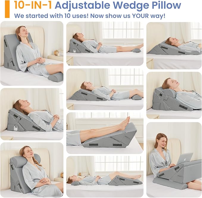 Sasttie Adjustable Wedge Pillow Set for After Surgery, Dark Grey | 2PCS Bed Wedge Pillow Headboard with Memory Foam Neck Cushion, for Acid Reflux, Sleeping, Neck & Back Support