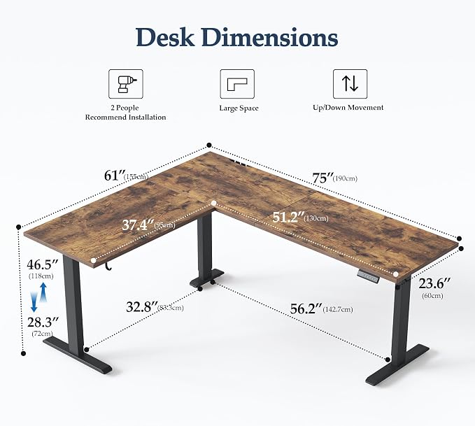 Klicelor L Shaped Standing Desk 75 x 61 Inch, Electric Height Adjustable Corner Desk for Home Office Workstation, Ergonomic Sit Stand Computer Table with Memory Controller, Rustic Brown