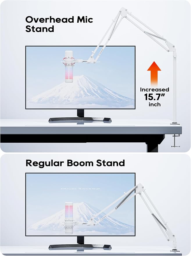 Premium White Overhead Mic Boom Arm, 15.7" Extra Tall Desk Mic Stand with 25.5" Reach, All-Aluminum Heavy Duty Microphone Arm, 1.8KG Load, 360° Adjustable for Streaming, Gaming, Podcast, YouTube