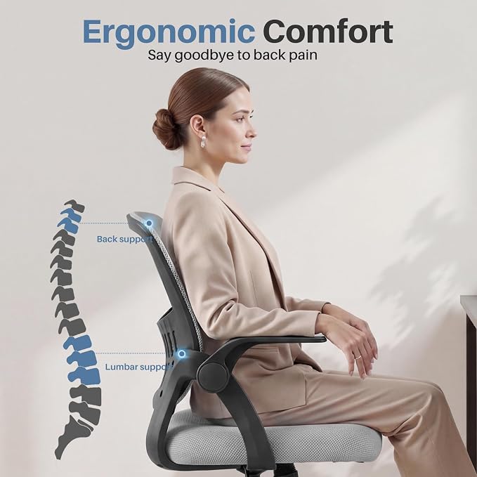 DUMOS Home Office Desk Chair - Ergonomic Computer Mesh Chair with Lumbar Support & Rocking Mode, Height Adjustable with Flip-up Armrest, for Conference, Meeting Room, 360° Swivel, Adults, Grey