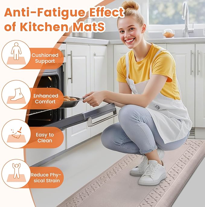 4/5 Inch Thicker Kitchen Mats for Floor Non-Slip Anti Fatigue Comfort Mat Waterproof Kitchen Rug for Sink, Office,Home Stain Resistant Standing Desk Rugs-17.3"x 60", Khaki