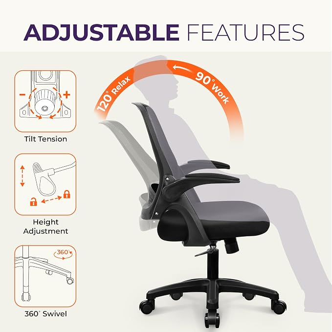 NEO CHAIR Office Desk Chair Computer Gaming Ergonomic Lumbar Back Support with Flip-up Padded Armrest Adjustable Height and Wheels for Home Vanity Bedroom Study (All Black)