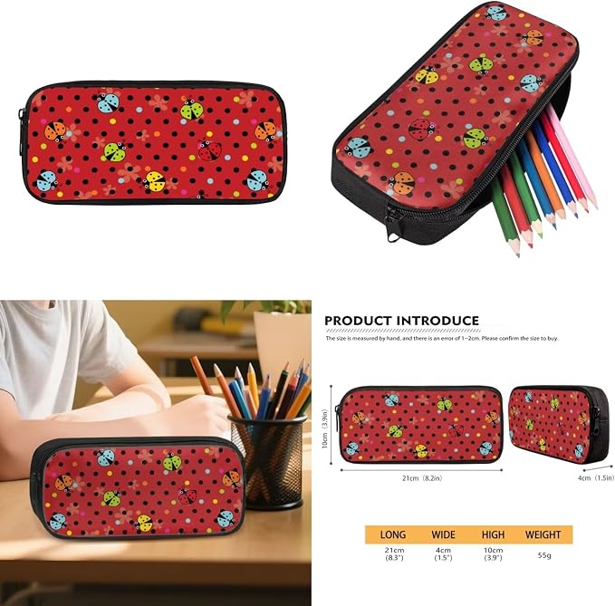 WELLFLYHOM 4 PCS Colorful Polka Dot Ladybug Backpack for Girls Ages 8-12 | 4-Piece Primary School Set With Lunch Box, Pencil Case and Water Bottle Sleeve for Young Girls, Kids Back to School Supplies