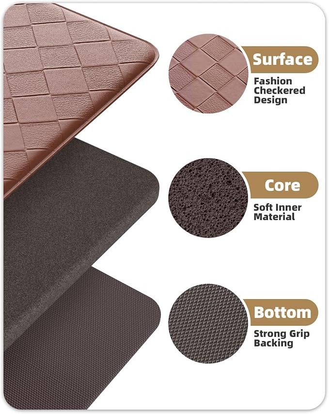 Color&Geometry Checkered Narrow Kitchen Floor Mat Anti Fatigue 17x59, Brown | Waterproof & Oil Proof, Easy Clean PVC Kitchen Rug For Busy Family, 0.4in Thick Cushion For Long Standing, Non Slip