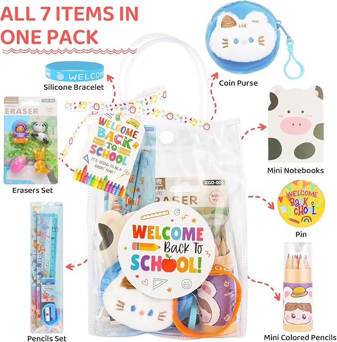 LiYiQ 251 Pcs Back to School Stationery Set, Back to School Supplies Stuff, Pvc Bags Colorful Pencils Erasers Notesbook Stickers for Classroom Goodie Bags Rewards Prizes
