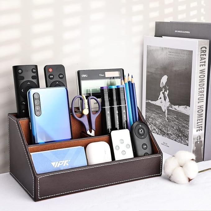 Pu Leather Desk Organizer with 5 Compartments Holder, Multi-Functional Office Supplies Storage Caddy for Pen/Pencil, Phones, Remote Controller and Desktop Accessorie Brown