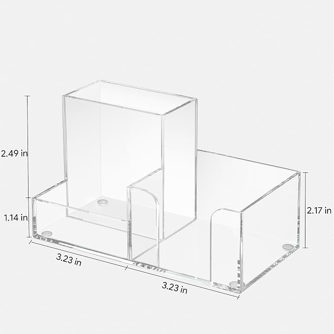 HBlife 2-Pack Acrylic Pen Holder for Desk, 3-Compartment Small Desk Organizer, Clear Office Supplies Desk Accessories with Sticky Notes Holder Stores Post It Notes 3X3 for Office, Home and School