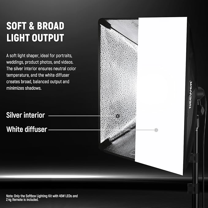 NEEWER 2Pcs 24"x24" 900W Equivalent Softbox Lighting Kit with Tripod Stands, 45W Bi Color 2.4G LED Bulbs, Remote, 10 Channels 2900K-7000K 1400lx/m CRI95, Photography Continuous Lighting Kit, NK103