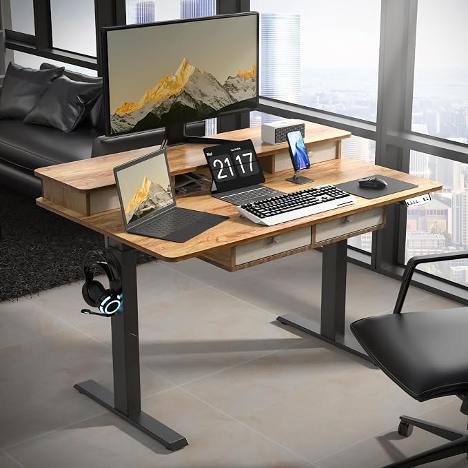 48 * 30 Inches Electric Standing Widened Desk Adjustable Height with 4 Drawers, Double Storage Shelves Stand Up Desk, Home Office Workstation Sit Stand up Desk (Light Rustic Brown)