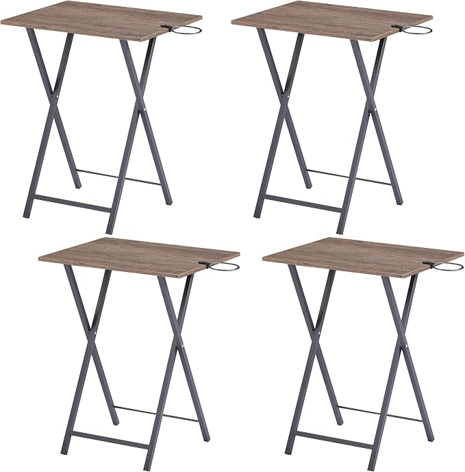 VECELO Folding TV Tray for Eating Set of 4, Portable Dinner/Snack Table with Cup Holder for Couch, Living Room and Small Space, Coffee & Black