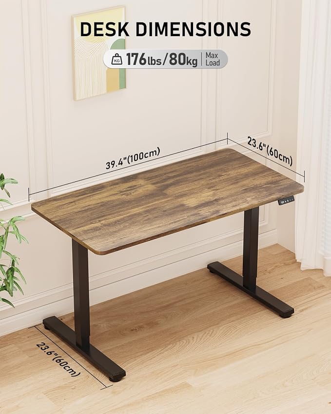 40" Electric Standing Desk Adjustable Height, Sit Stand up Desk for Home Office & Computer Workstation, 2 Memory Height Settings, Splice Board, 2 Hooks, Black Frame/Rustic Brown Top