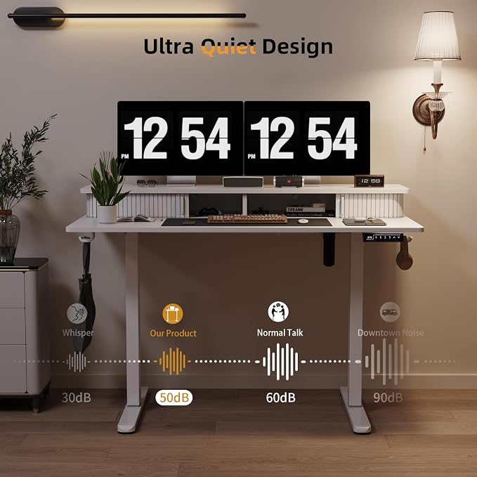 JOY worker 48" Electric Adjustable Standing Desk with Storage Monitor Stand | White Computer Desk Height Adjustable with Storage Shelves, Spacious Woskstation, Sit Stand Desk with 2 Hooks, Home Office