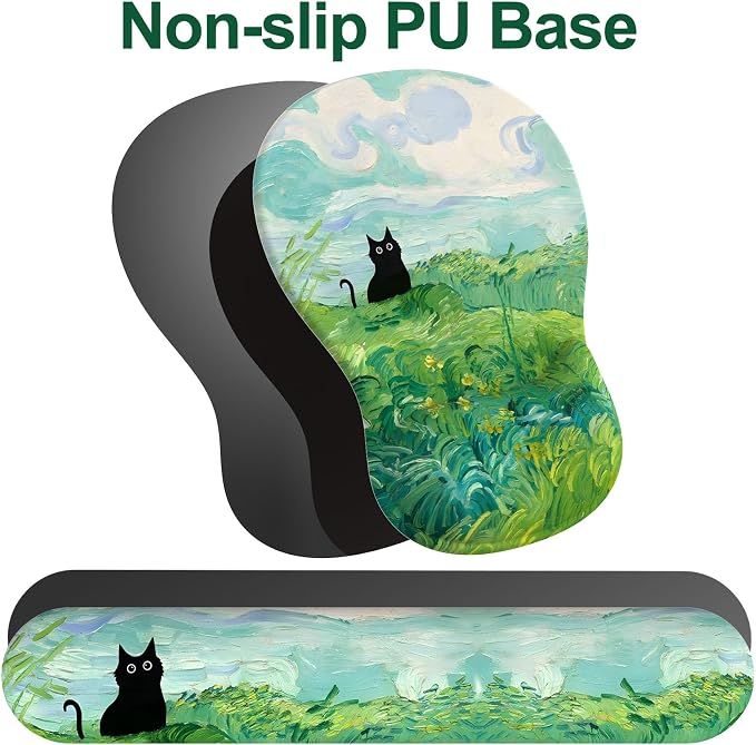 Ergonomic Mouse Pad with Wrist Rest and Keyboard Wrist Rest, Gel Mousepad and Wrist Rest for Computer Keyboard, Pain Relief, Non-Slip PU Base, Mouse Pad with Wrist Support for Gaming, Office, Cat