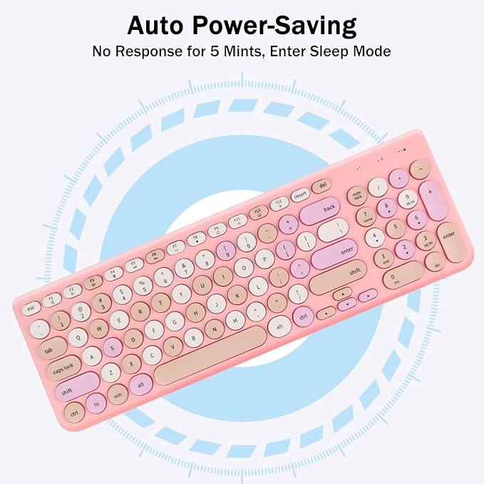 Wireless Keyboard and Mouse Combo, Retro Typewriter Keyboard with Round Keycaps, 2.4GHz USB Cute Wireless Keyboard Mouse for Computer, Desktop, Laptop and Computer (Pink-Colorful)
