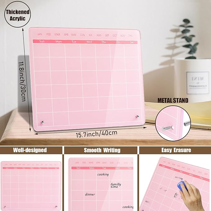 Calendar Dry Erase Board,16"x12",Acrylic Desk Calendar with Stand,Pink Dry Erase Board for Home Office School