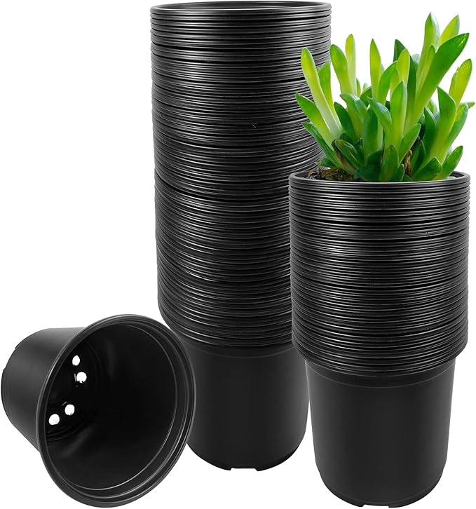 RAOOKIF 100 Pack Nursery Pots, 6 Inch Plastic Plant Pots with Drainage Holes, Black Garden Flower Pots for Transplanting, Succulents, Cuttings, Seedlings (6inch,100pcs)