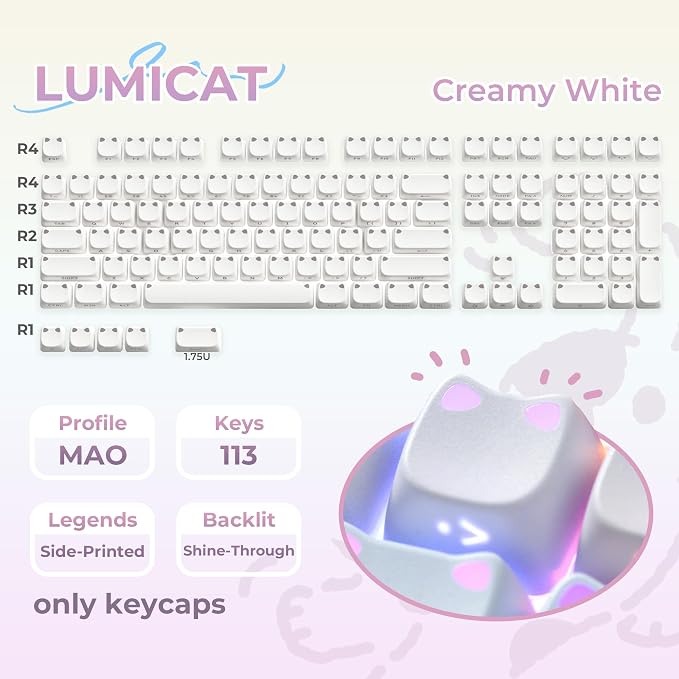 OHY XVX Lumicat Mao Profile Side-Printed Shine-Through PBT Keycaps, 113 Keys Double-Shot Dye-Sublimation Creamy White Keycap Set, Compatible with MX Switches Mechanical Keyboard