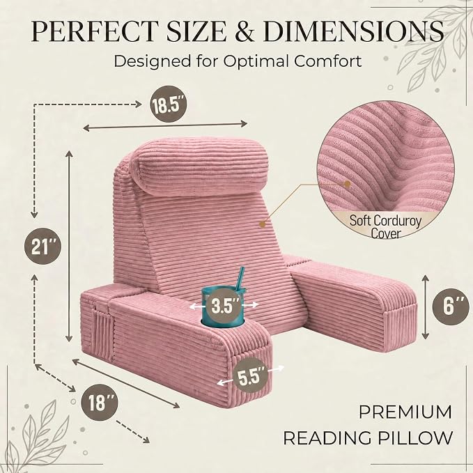 Reading Pillow for Adults, Back Pillow for Bed Sitting Up, Backrest Pillow for Sitting in Bed, Detachable Arms with Built-in Cup & Phone Caddy (Dusty Pink-Corduroy, 21 INCH)