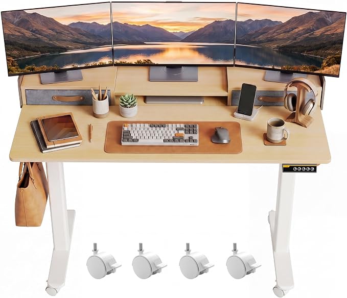 Claiks Standing Desk with Drawers & Wheels, 2 Height Shelf 48" Natural | 2 height adjust shelf, tabletop drawers, felt fence design, sturdy supports 176 lbs, 4 wheels, 2 tire monitor stand