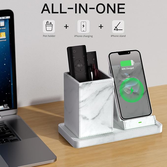 LADSTAG Multi-Functional Pencil Holder for Desk,marble Vegan Leather Organizers with Remote Control Holder,Pencil Holder Desk Organizer with Phone Wireless Charger for Office/Nightstand/Endtable