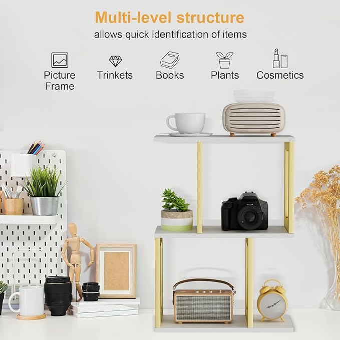 BOHDK Book Shelf, 3-Tier Small Bookshelf for Desk Organizer Corner Bookshelf Table Top Shelving, White & Gold Decor Aesthetic Desk Hutch for Office Home Dorm