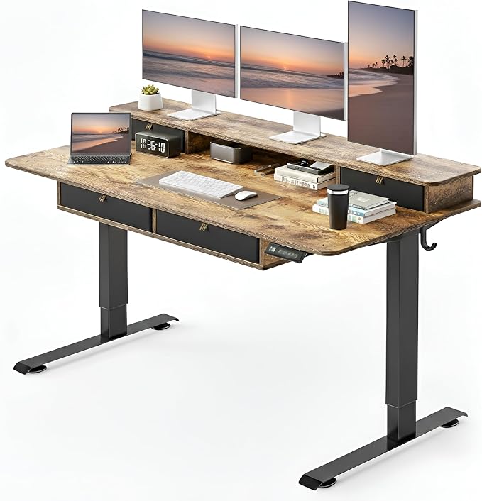 CubiCubi 55" x 30" Standing Desk with Drawers, Height Adjustable Electric Workstation, Computer Sit Stand Up Table with Large Storage Shelf 4 Drawers and 2 Hooks, Rustic Brown