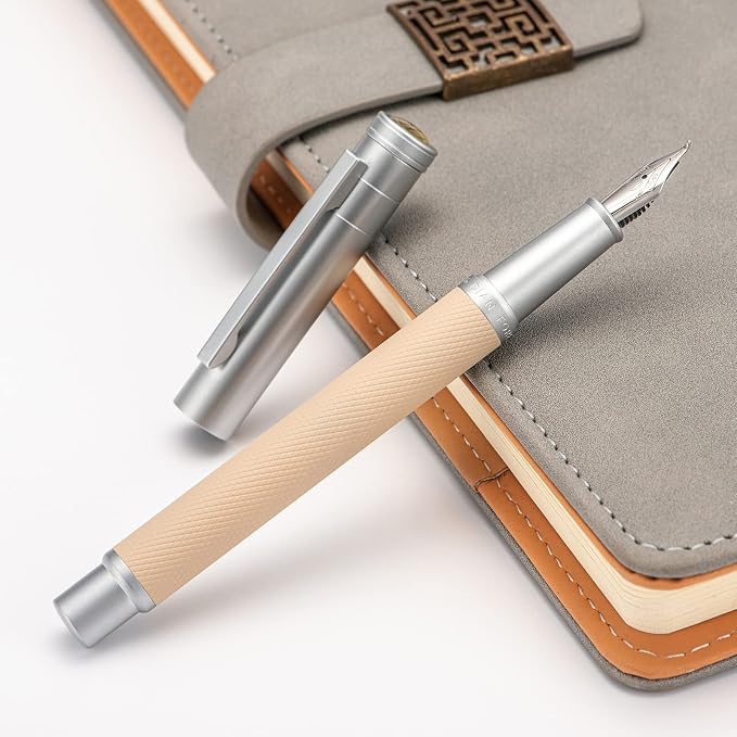 Silver Birch Forest Aluminum Fountain Pen Bent Nib (Fine to Broad) with Metal Box Fude Pen Set By Asvine