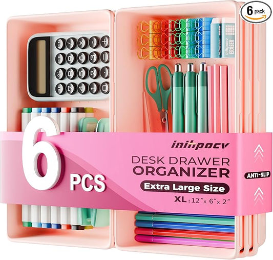 [6 PCS Extra-Large] Pink Drawer Organizer Trays with Non-Slip Pads, Interlocking Storage Bins for Vanity, Desk, Bathroom, Kitchen, Home Office and Utility Drawers