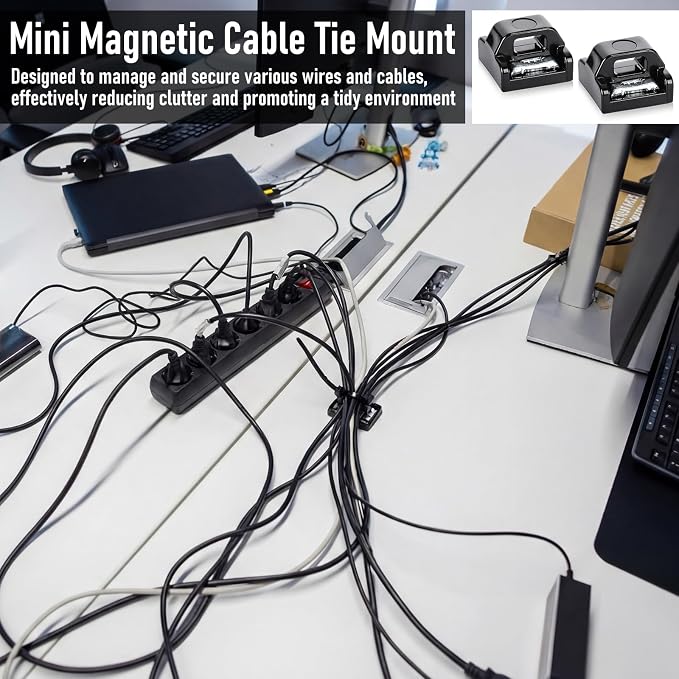 25 Sets Magnetic Zip Tie Mounts with Nylon Cable Ties, Mini Magnet Base Wire Holder Clips, Reusable Multipurpose Cord Management Organizer for Home Office Marine Desk