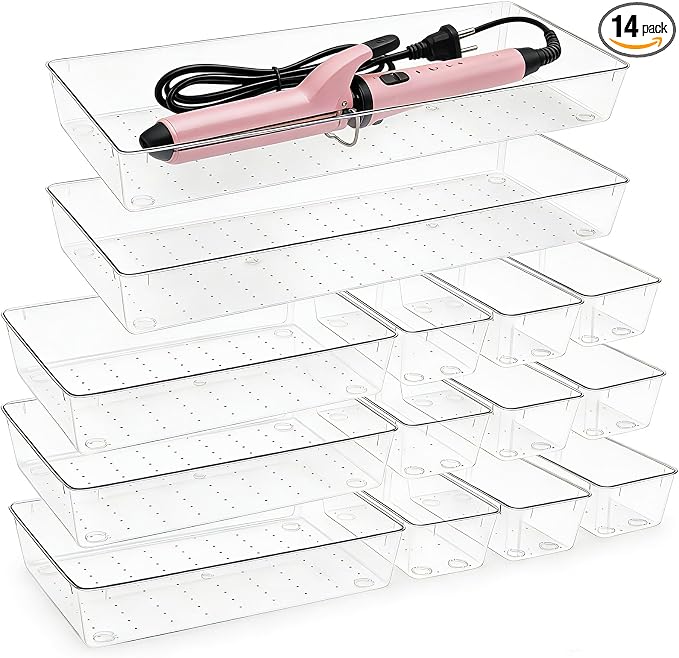 Manalete 14 Pcs Plastic Drawer Organizer with 2 pcs 15"x6" Vanity Organizer | Durable Clear PET Storage Bins Tray for Desk, Kitchen & Bathroom, Office, Makeup, Tools, Easy Clean, Stackable, BPA-Free
