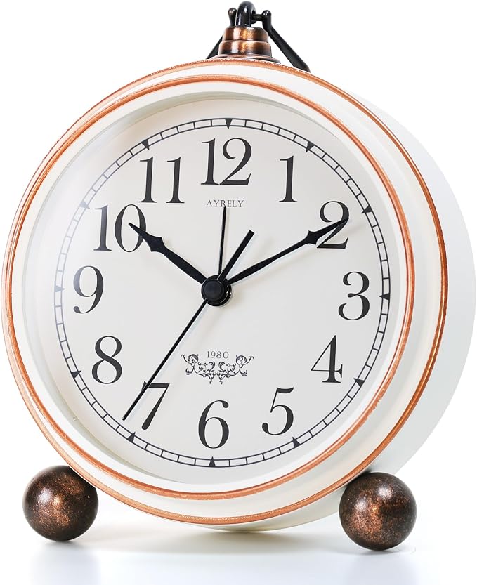 AYRELY® 5.3" Vintage Metal Analog Alarm Clock, Retro Desk and Table Clock | Antique Battery Operated Clock with Light, Elegant Bedside Gift for Bedrooms, Living Rooms, Shellf and Home Decor (White)