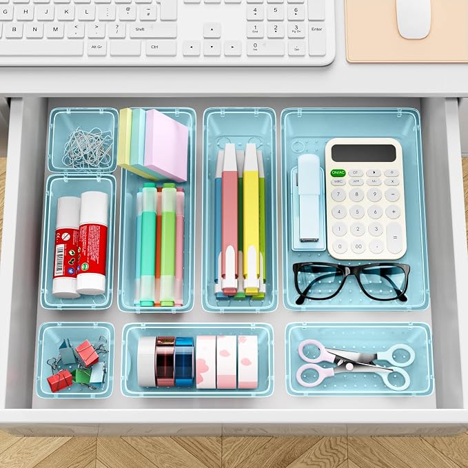 ElegantArray 12-Piece Drawer Organizer Set, 4 Sizes Versatile Plastic Vanity Organizer for Makeup, Stationery, Gadgets, in Kitchen, Bathroom, Office, and Bedroom, Sea Blue