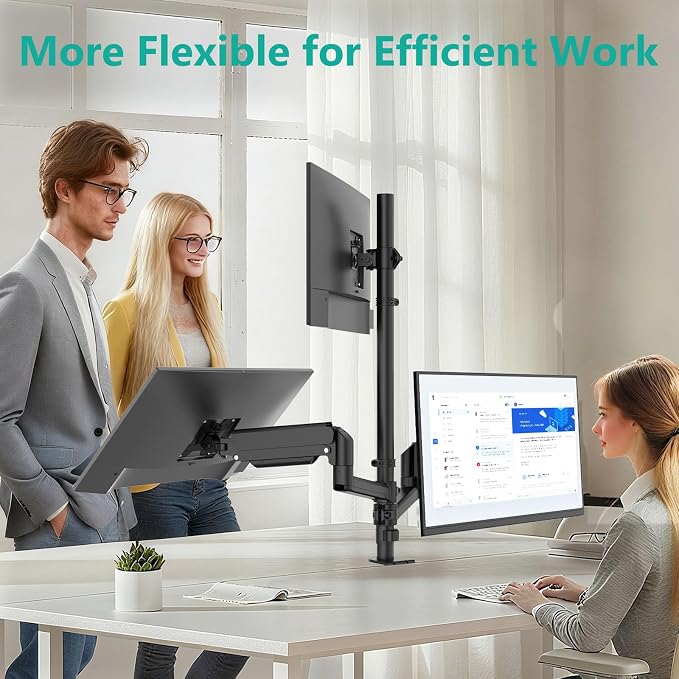 WALI Stacked Triple Monitor Mount for 13-27 inch Screens, 19.8 lbs per Arm | Tall 3 Monitor Desk Mount, Full Motion with Tilt, Swivel, Rotation, C-Clamp & Grommet Base, VESA 75/100mm (GSDM003S), Black