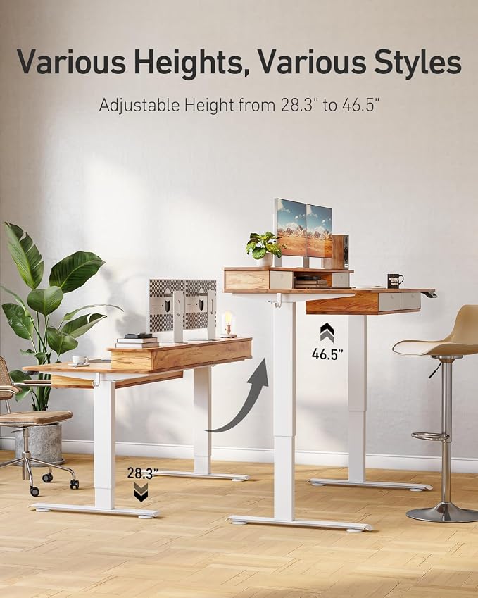 CubiCubi 48" x 24" Standing Desk with Drawers, Height Adjustable Electric Workstation, Computer Sit Stand Up Table with Large Storage Shelf 4 Drawers and 2 Hooks, Light Rustic Brown