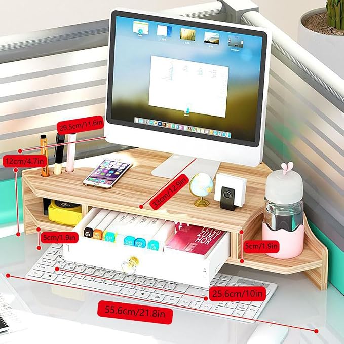 Triangle Monitor Stand Riser,Cut Triangle Save Space Desktop Corner,Desktop corner shelf with drawers wooden computer stand with storage laptop risers office organization. (Have drawers)