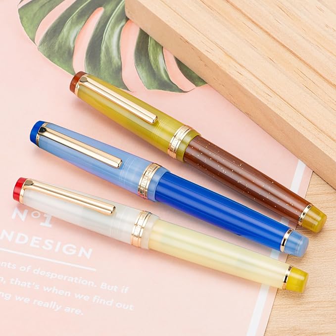 3 Jinhao 82 Fountain Pen Transparent Mixed Classic Color Acrylic Medium Point Gold Trim with Converter Set