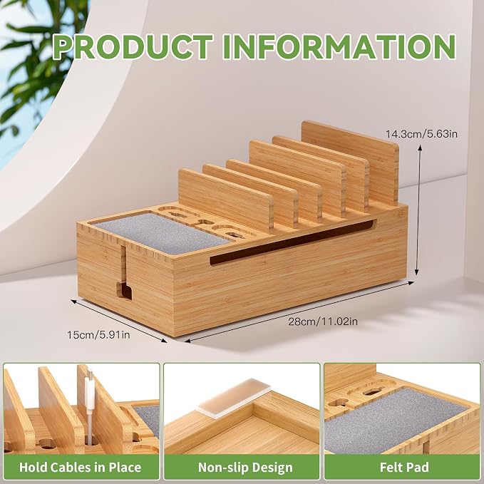 Pezin & Hulin Bamboo Charging Stand Rack, No Power Adapter Supply -Natural | Wooden Charge Box for Mobile Phones, Tablets, Smart Watch and Earbuds, Wire Cable Organizer Box, Bedside Dock Stand Holder