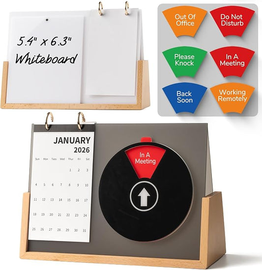 Desk Status Indicator for Office - 3-in-1 Privacy Sign with 6 Meeting Statuses, 2026 Desktop Monthly Calendar & Magnetic Acrylic Dry Erase to-Do Board, Solid Wood Base for WFH Cubicle, Black