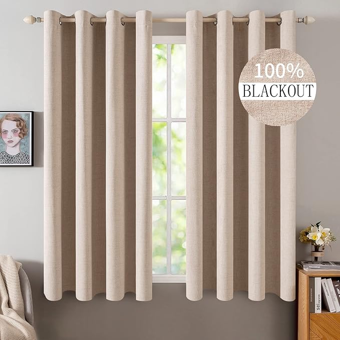 MIULEE Linen Textured Curtains for Bedroom Solid 100% Blackout Thermal Insulated Natural Beige Grommet Room Darkening Curtains & Drapes Luxury Decor for Living Room 52 x 64 Inch (2 Panels)