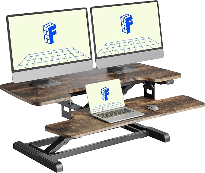 FLEXISPOT 36" Electric Standing Desk Converter, Motorized Sit to Stand Desk Riser, Height Adjustable Desktop Dual Monitor Workstation with Large Keyboard Tray, Rustic Color